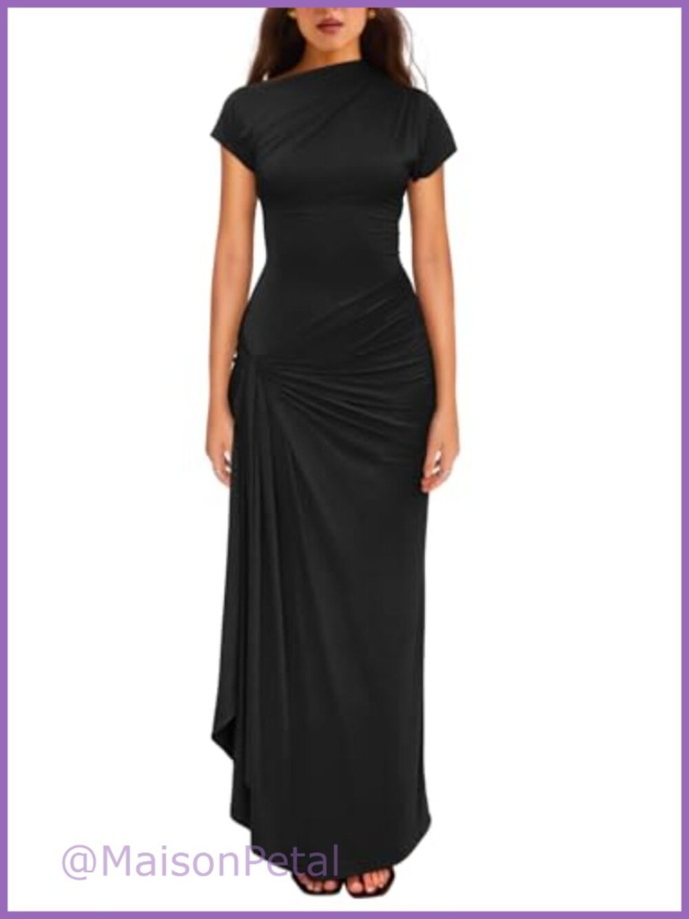 Women's Ruched High Split Short Sleeve Maxi Dress Slim Fit Party